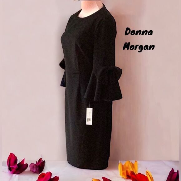 DONNA MORGAN NWT BLACK DRESS BOW RUFFLE SLEEVES SIZE 6 - Picture 1 of 8